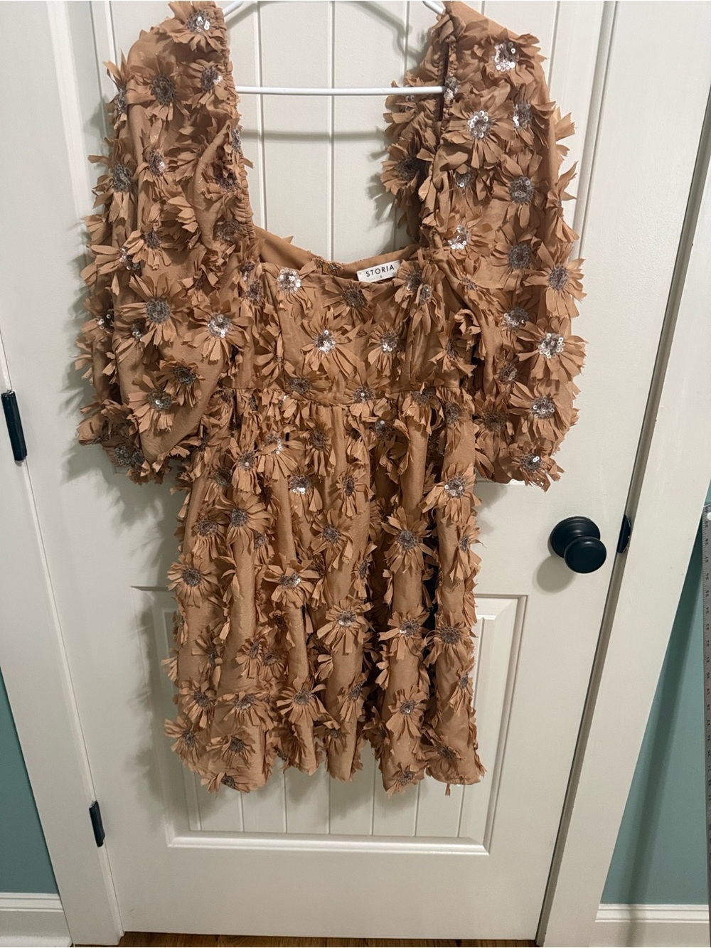 Storia Camel Tan 3D Floral Mini Dress